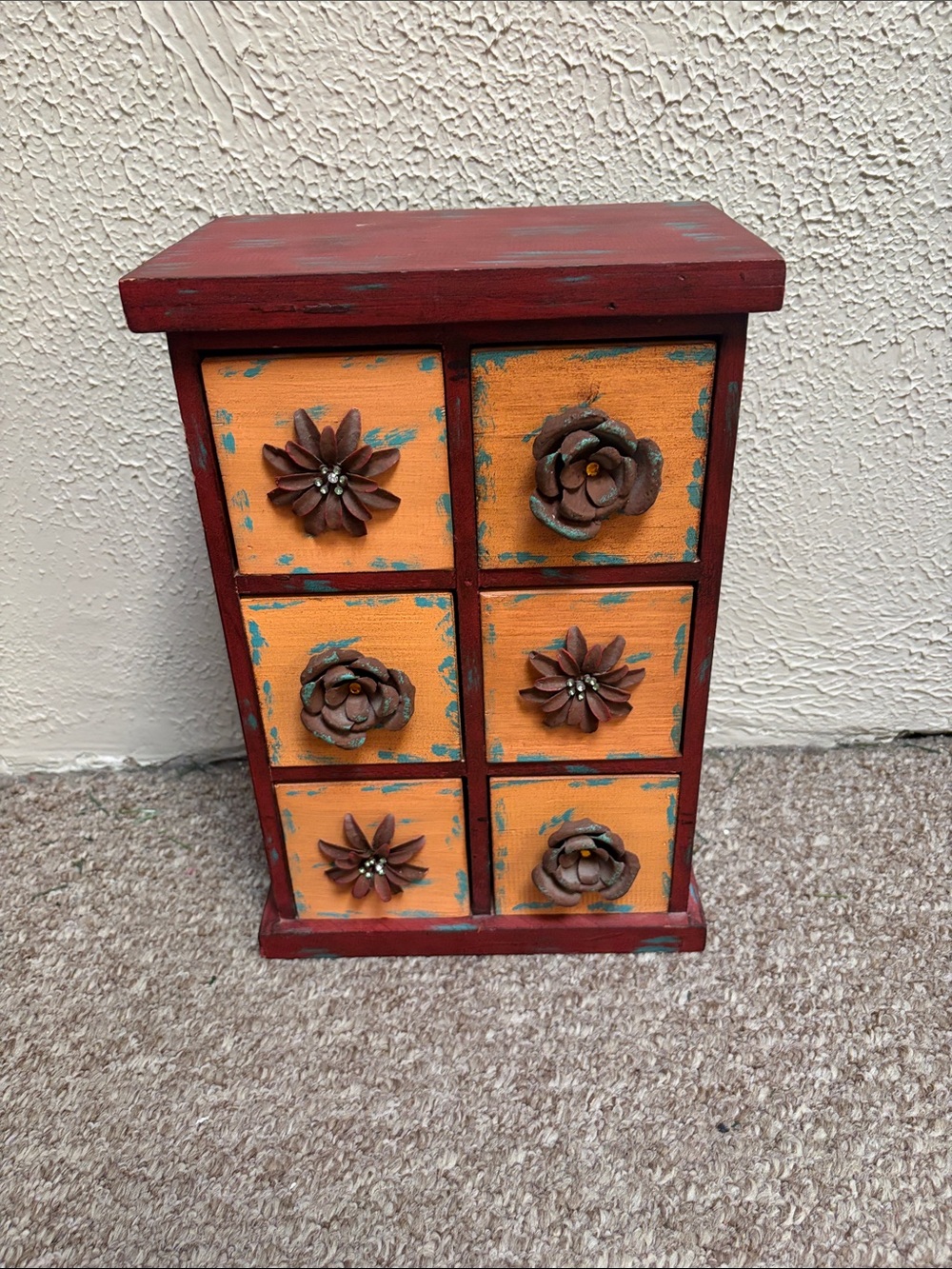 Hand-Painted Small Wooden 6-Drawer Jewelry Chest in Rust Red & Mustard